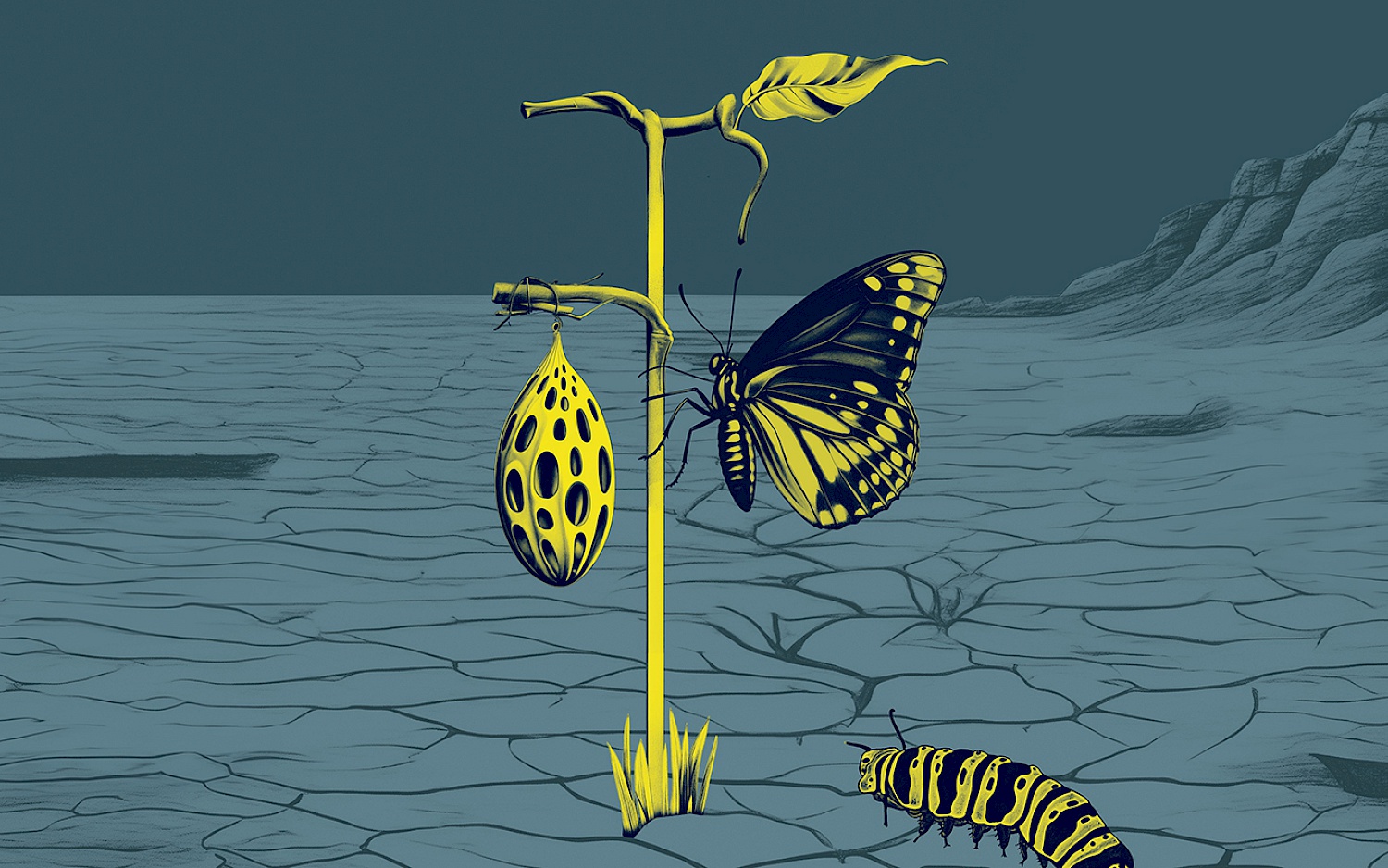 Graphic in gray and yellow, barren landscape with butterfly and caterpillar.