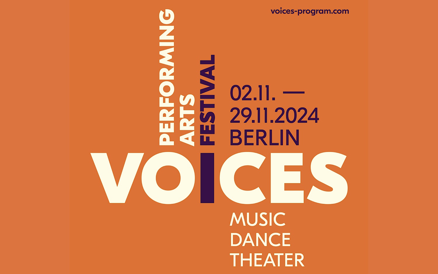 Key Visual des VOICES Festival in Orange mit weißer und schwarzer Schrift